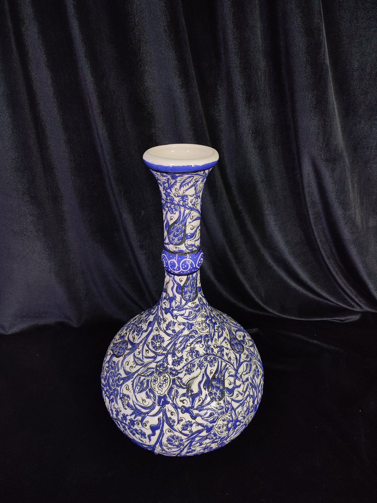 Handmade Turkish Ceramic Vase – 12" Blue Floral Pottery Vase, Decorative Anatolian Vase, Collectible Hand-Painted Vase