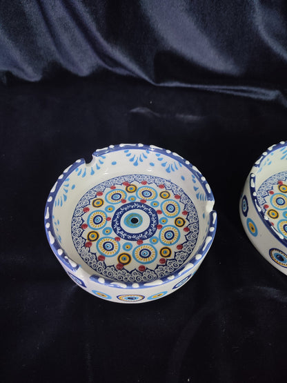 Handmade Evil Eye Ceramic Ashtray Set with Lids | Turkish Floral Ashtray Decor | Nazar Protection Gift | Set of 2
