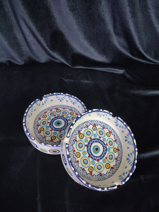 Handmade Evil Eye Ceramic Ashtray Set with Lids | Turkish Floral Ashtray Decor | Nazar Protection Gift | Set of 2