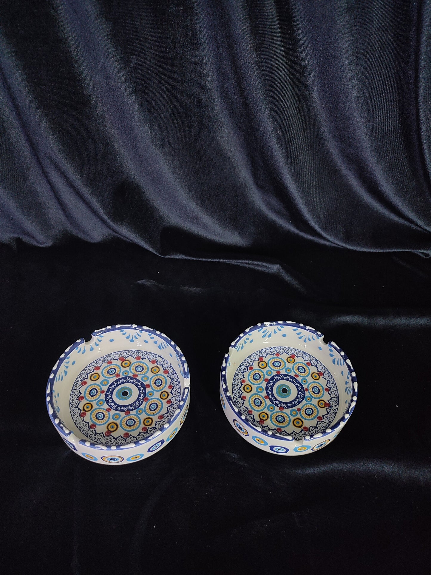 Handmade Evil Eye Ceramic Ashtray Set with Lids | Turkish Floral Ashtray Decor | Nazar Protection Gift | Set of 2