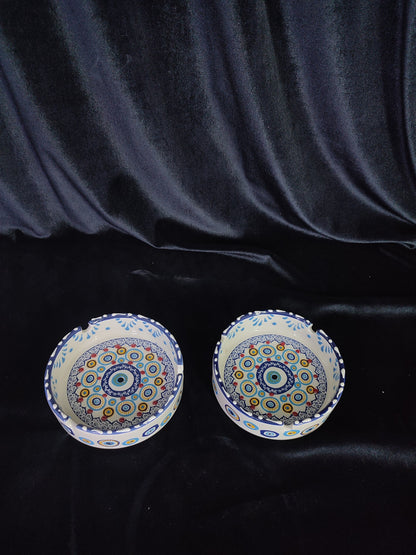 Handmade Evil Eye Ceramic Ashtray Set with Lids | Turkish Floral Ashtray Decor | Nazar Protection Gift | Set of 2