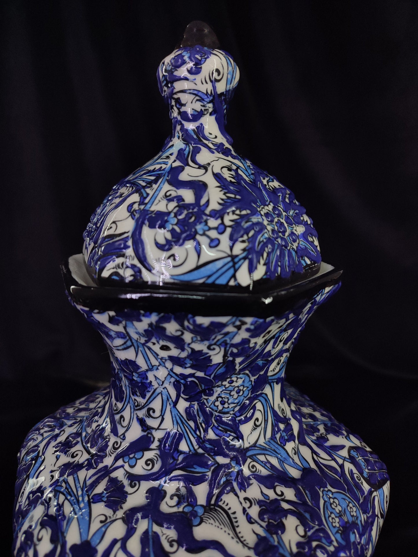 Hand-Painted Blue Floral Ceramic Vase with Lid – 12" Geometric Design, Unique Handmade Pottery, Modern Decorative Accent