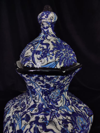 Hand-Painted Blue Floral Ceramic Vase with Lid – 12" Geometric Design, Unique Handmade Pottery, Modern Decorative Accent