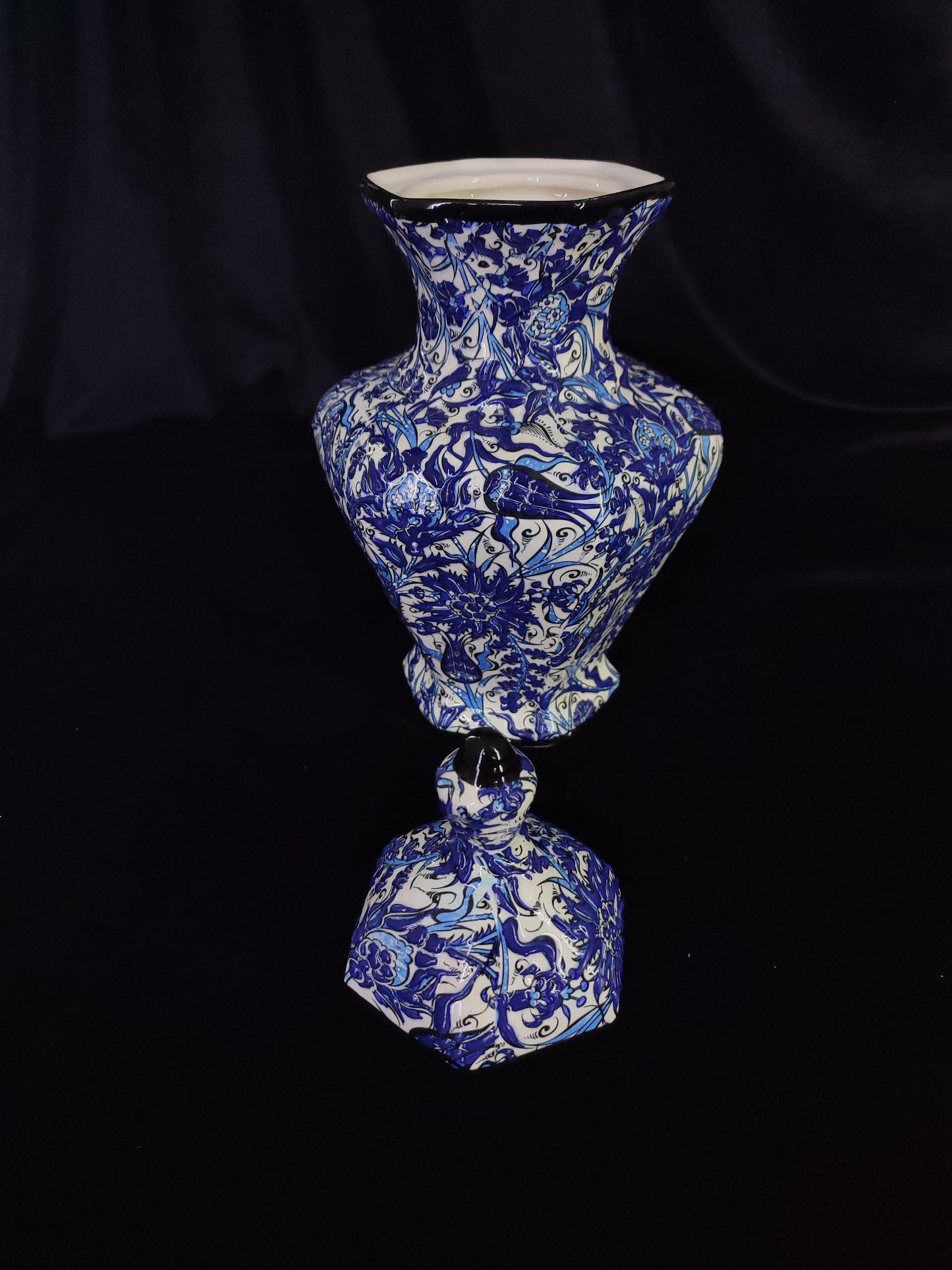 Hand-Painted Blue Floral Ceramic Vase with Lid – 12" Geometric Design, Unique Handmade Pottery, Modern Decorative Accent