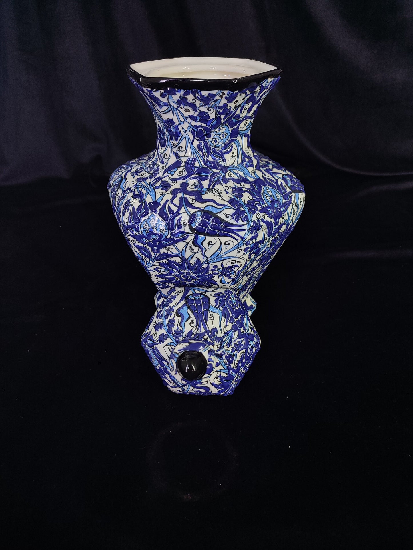 Hand-Painted Blue Floral Ceramic Vase with Lid – 12" Geometric Design, Unique Handmade Pottery, Modern Decorative Accent