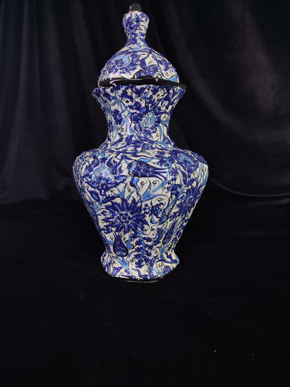 Hand-Painted Blue Floral Ceramic Vase with Lid – 12" Geometric Design, Unique Handmade Pottery, Modern Decorative Accent