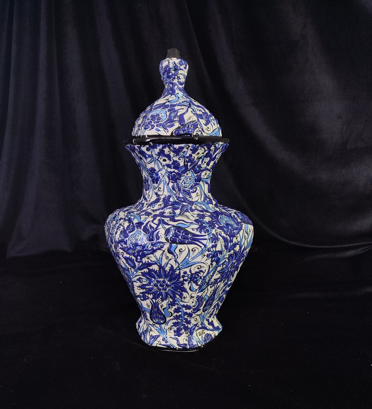 Hand-Painted Blue Floral Ceramic Vase with Lid – 12" Geometric Design, Unique Handmade Pottery, Modern Decorative Accent