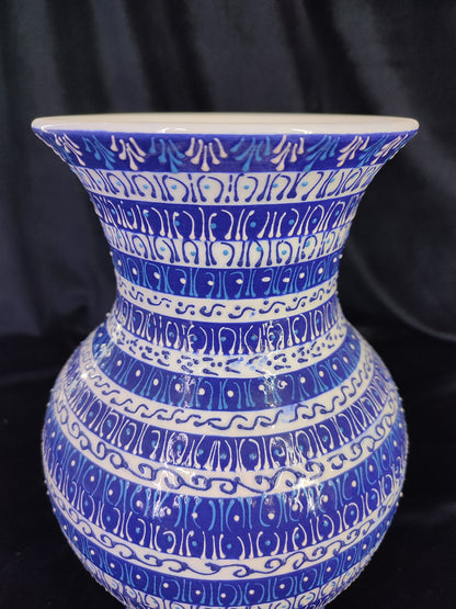 Handmade Blue Mandala Striped Ceramic Vase – 12" Modern Turkish Pottery, Decorative Anatolian Design, Ideal Housewarming Gift