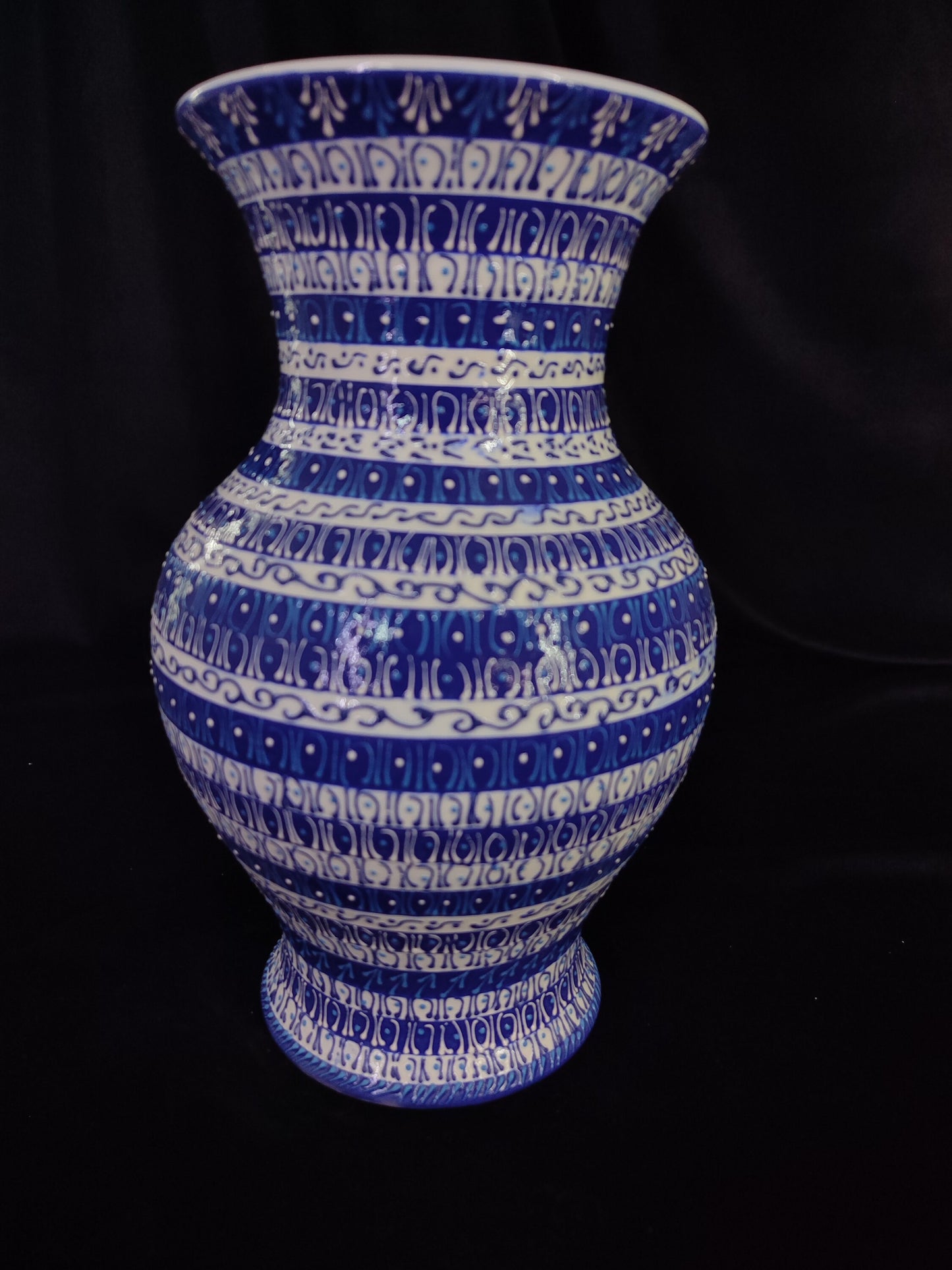 Handmade Blue Mandala Striped Ceramic Vase – 12" Modern Turkish Pottery, Decorative Anatolian Design, Ideal Housewarming Gift