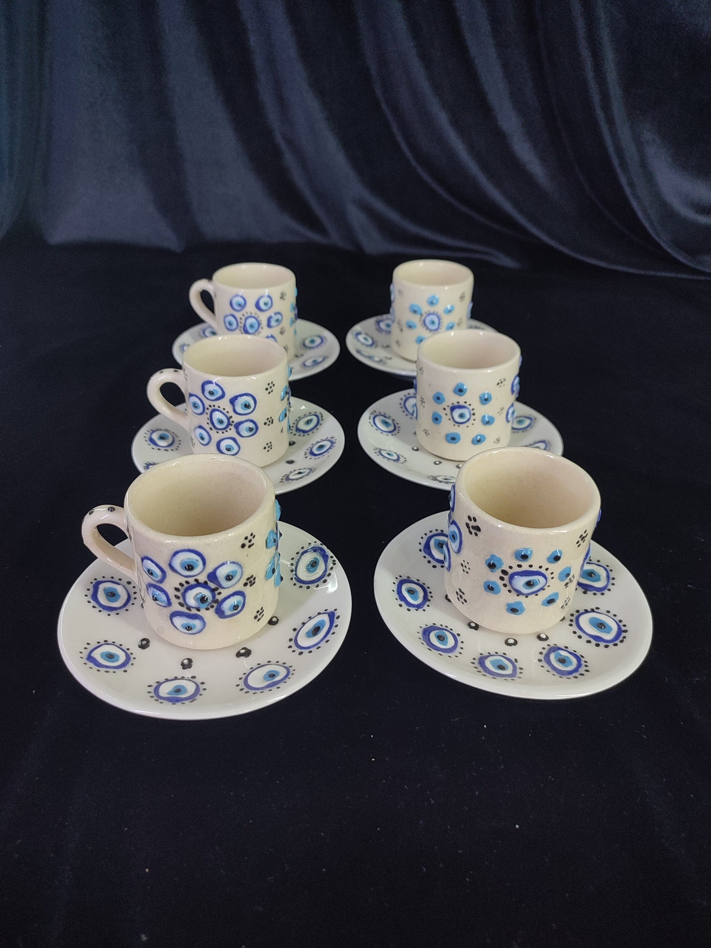 Handmade Turkish Coffee Set for 6 – Evil Eye Ceramic Mugs with Saucers, Traditional Coffee Set, Unique Gift Idea, Pottery Coffee Set
