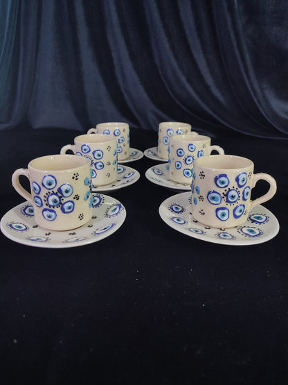 Handmade Turkish Coffee Set for 6 – Evil Eye Ceramic Mugs with Saucers, Traditional Coffee Set, Unique Gift Idea, Pottery Coffee Set