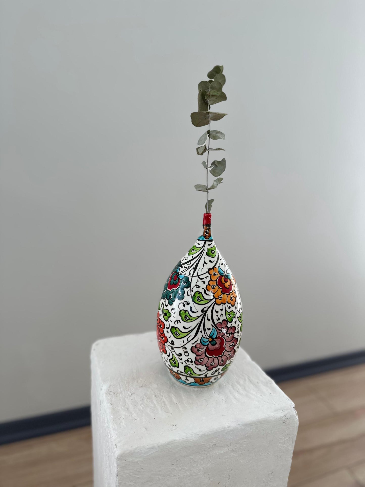 Handmade Turkish Ceramic Vase: Floral Teardrop Pottery, 25cm