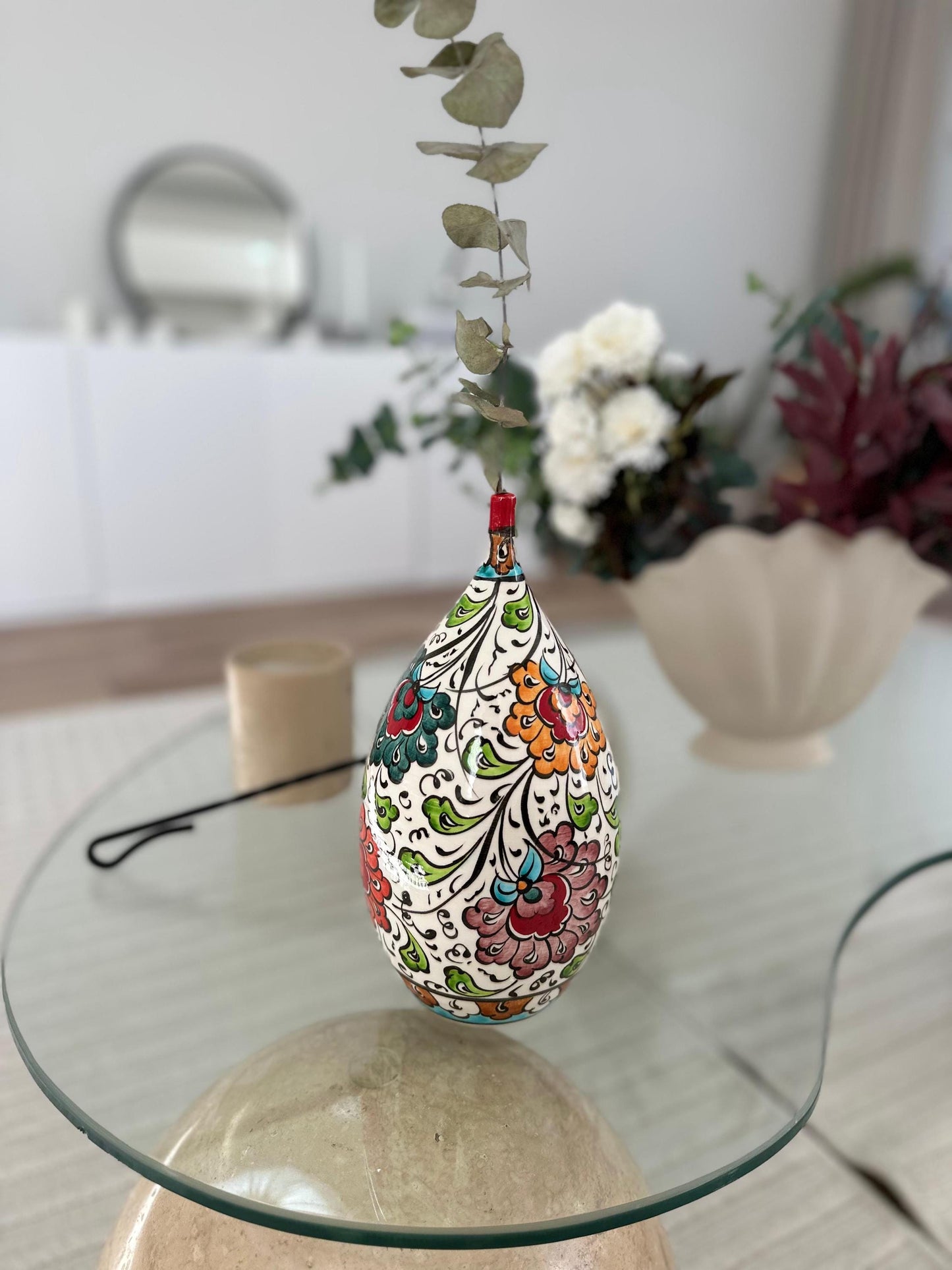 Handmade Turkish Ceramic Vase: Floral Teardrop Pottery, 25cm
