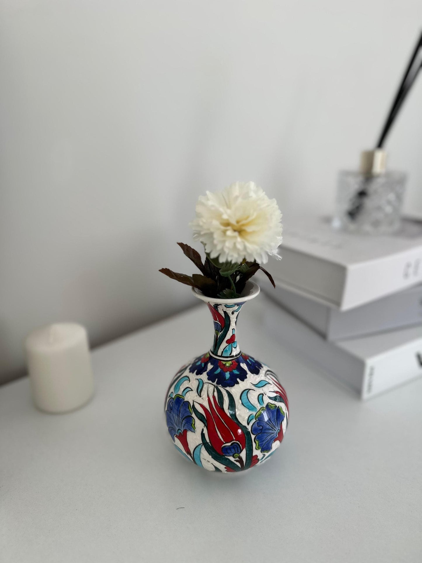 Hand-Painted Turkish Ceramic Vase – Iznik Pottery Decor, Traditional Floral Design, Unique Handmade Gift, Authentic Home Accent