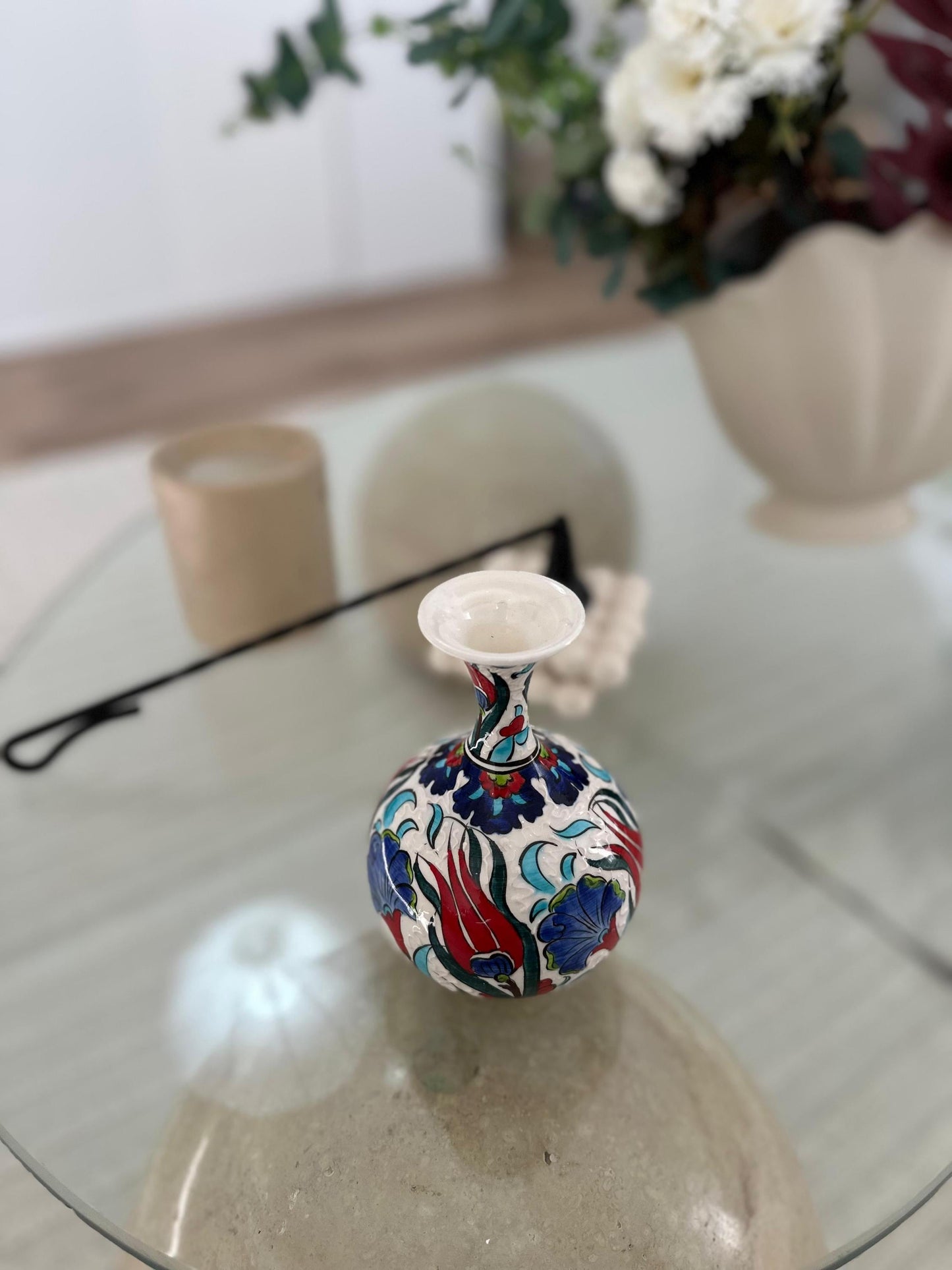 Hand-Painted Turkish Ceramic Vase – Iznik Pottery Decor, Traditional Floral Design, Unique Handmade Gift, Authentic Home Accent