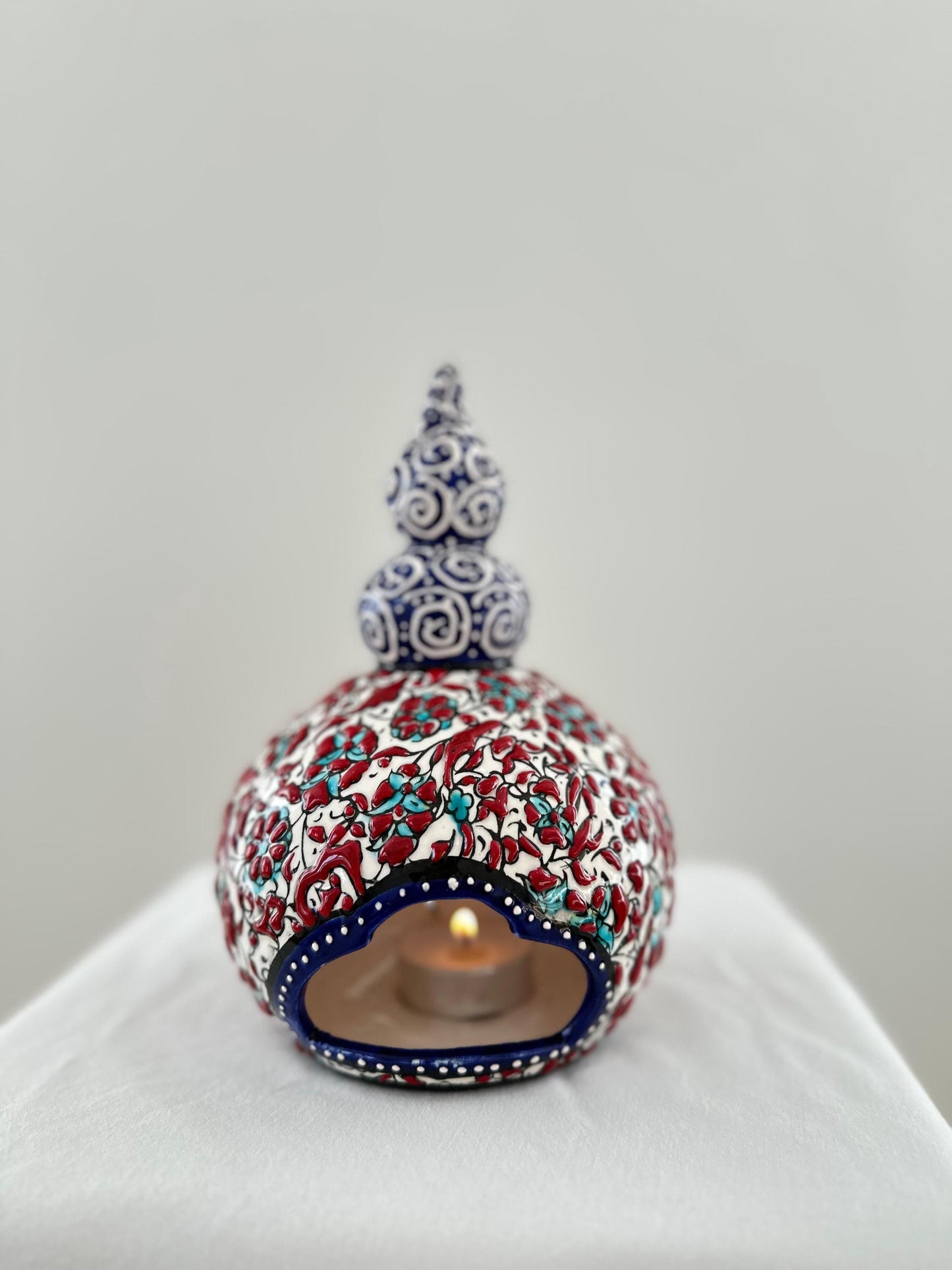 Handmade Turkish Ceramic Candle Holder: Nicea Floral Tealight, Boho Decor