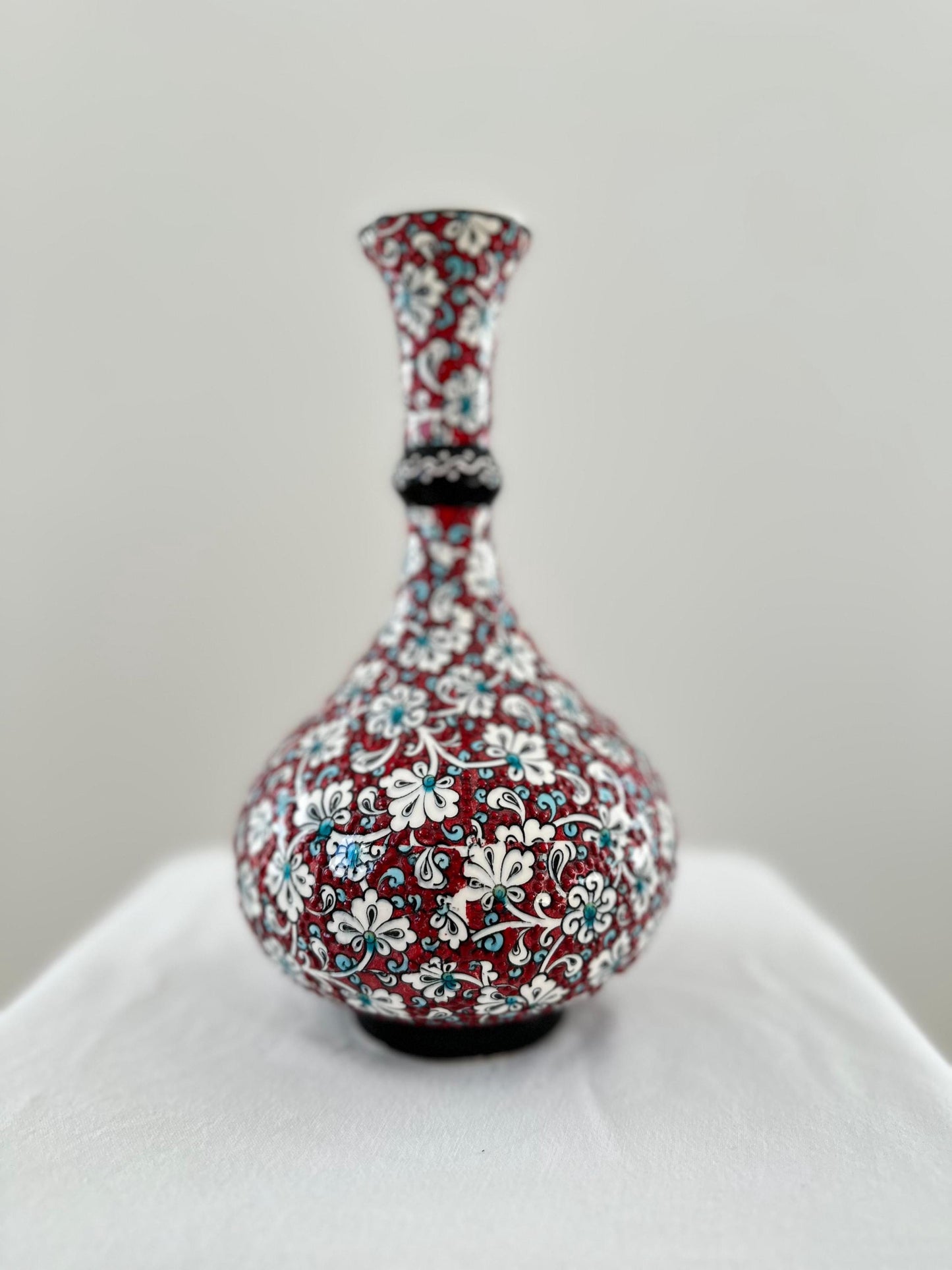 Handmade Turkish Teardrop Ceramic Vase - Red Floral Pattern Decorative Home Decor - Boho Style Unique Gift Idea