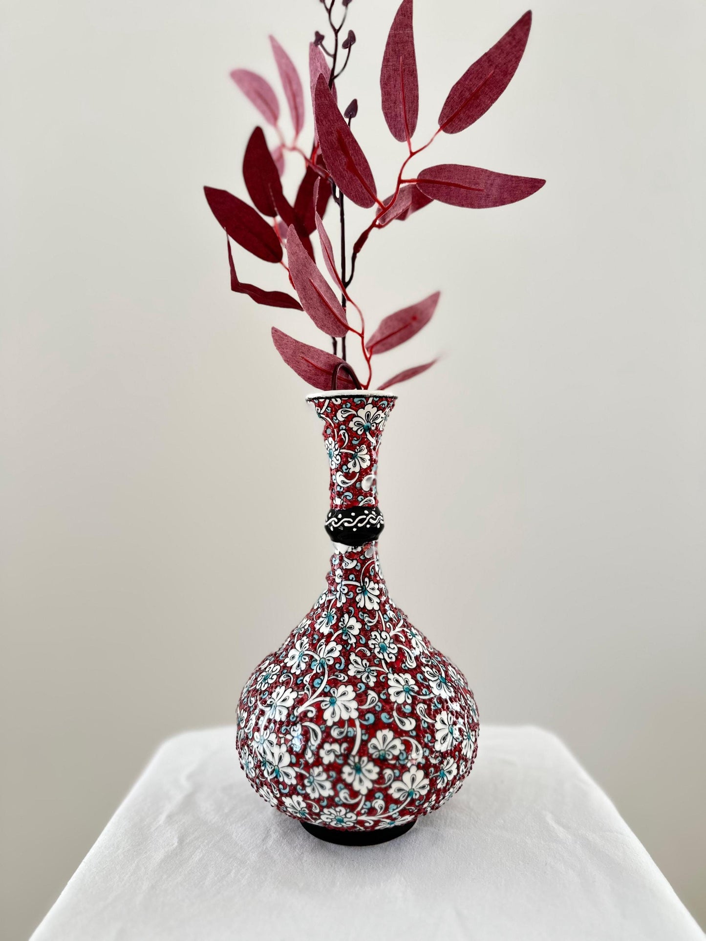 Handmade Turkish Teardrop Ceramic Vase - Red Floral Pattern Decorative Home Decor - Boho Style Unique Gift Idea