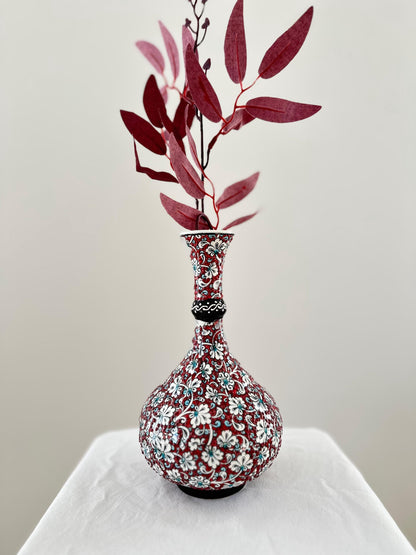 Handmade Turkish Teardrop Ceramic Vase - Red Floral Pattern Decorative Home Decor - Boho Style Unique Gift Idea
