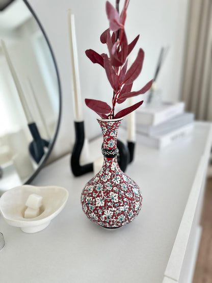 Handmade Turkish Teardrop Ceramic Vase - Red Floral Pattern Decorative Home Decor - Boho Style Unique Gift Idea