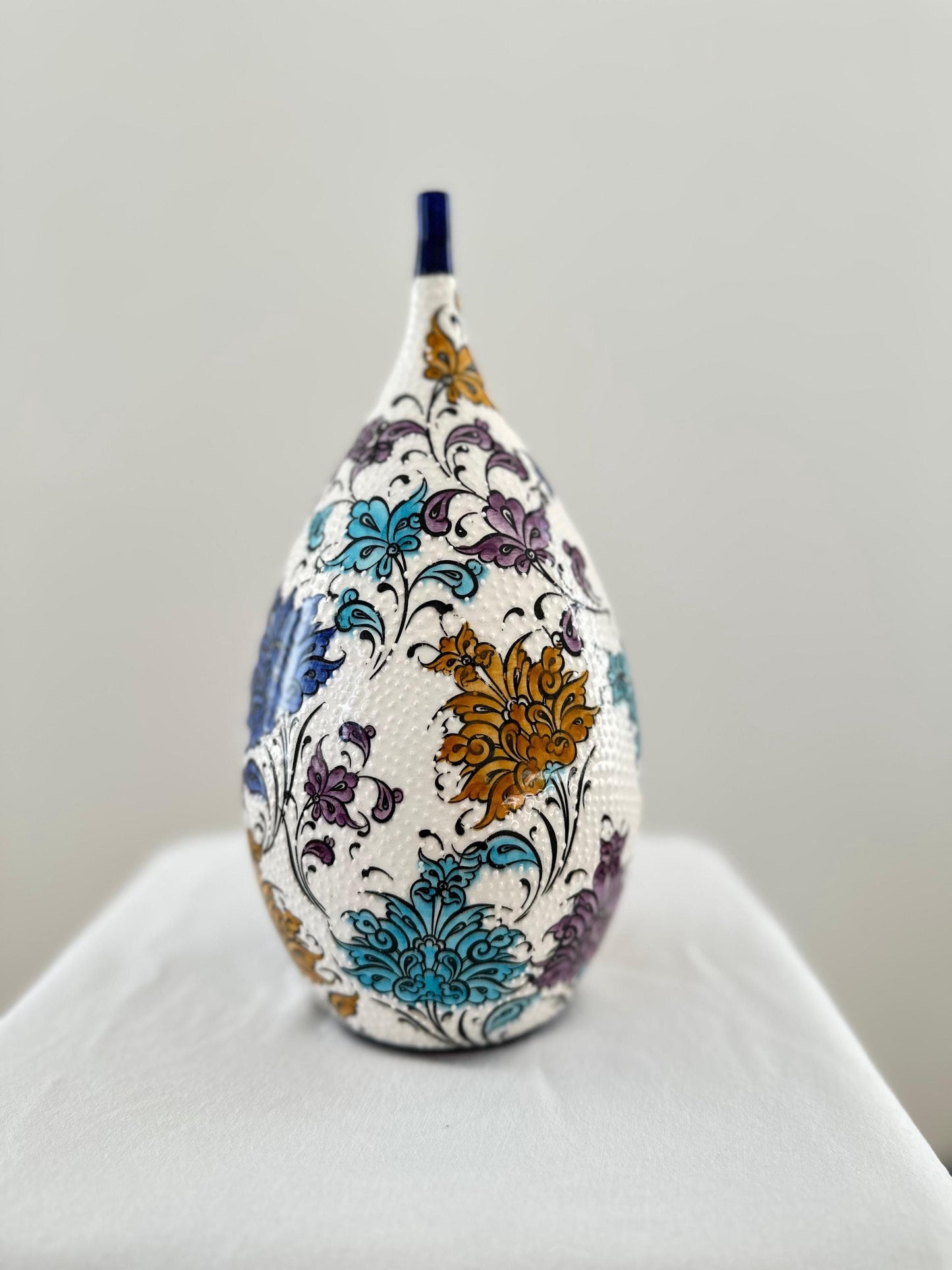 Handmade Turkish Ceramic Vase with Floral Patterns, Tear Drop Design, Hand-Painted Home Decor, Unique Gift, Bohemian Accent Piece