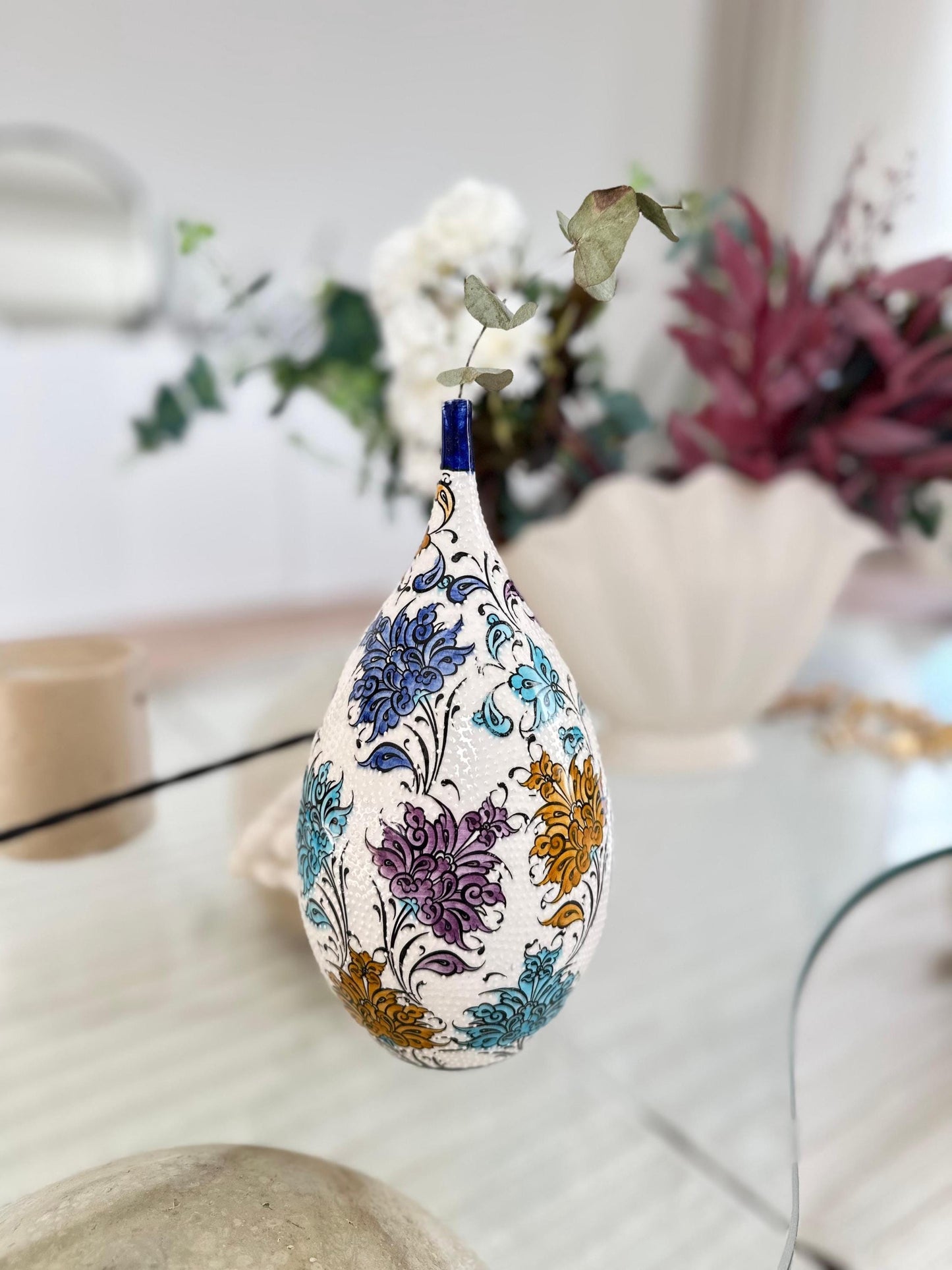 Handmade Turkish Ceramic Vase with Floral Patterns, Tear Drop Design, Hand-Painted Home Decor, Unique Gift, Bohemian Accent Piece