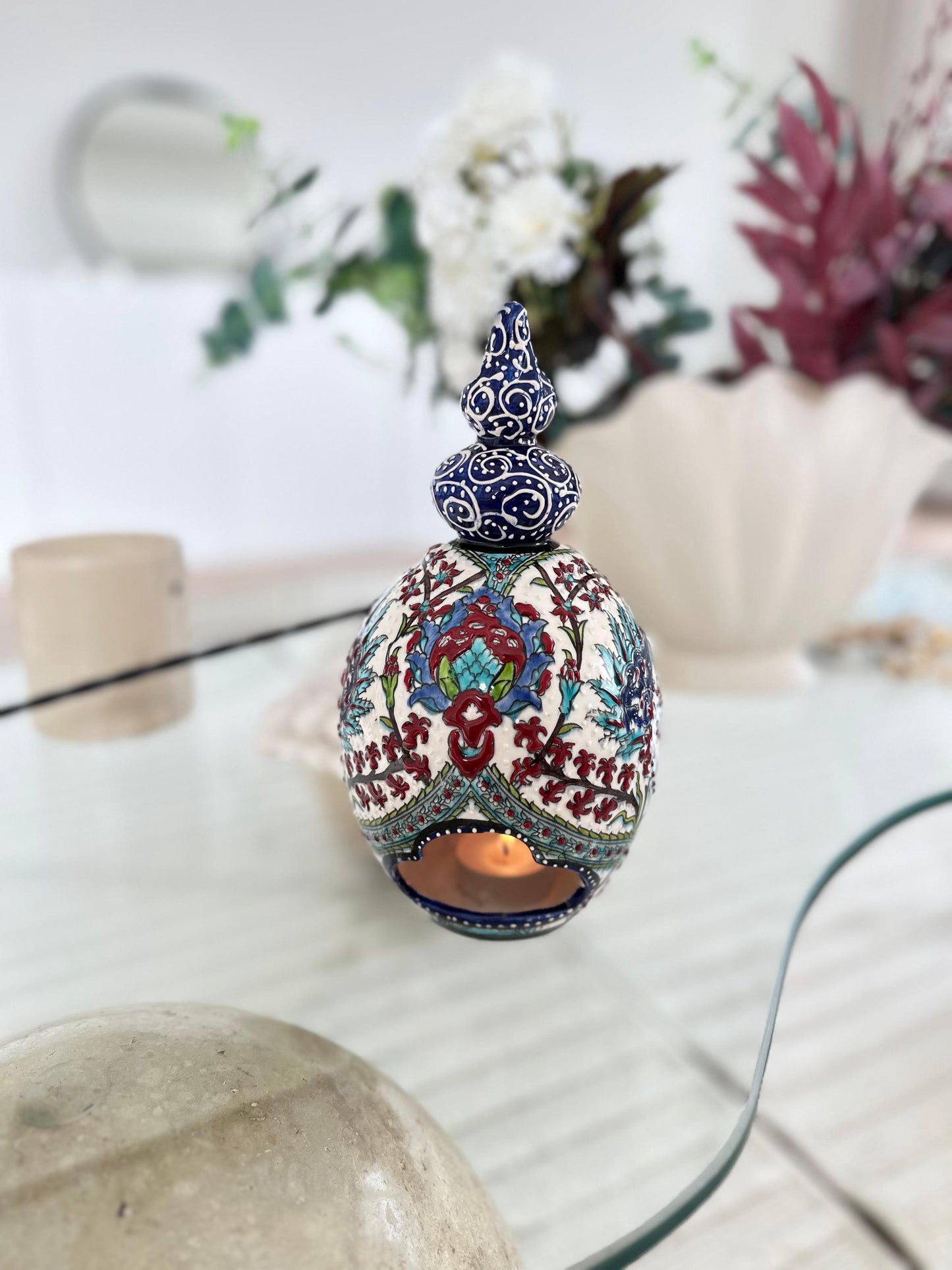 Handmade Turkish Ceramic Candle Holder: Ottoman Floral Lantern