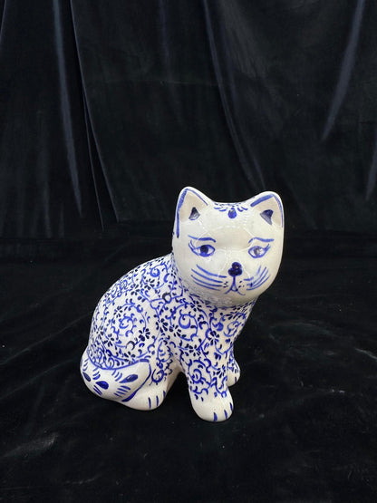 Hand-Painted Ceramic Cat Figurine – Turkish Blue Floral Ornament for Home Decor, Unique Valentine's Day Gift Idea for Cat Lovers