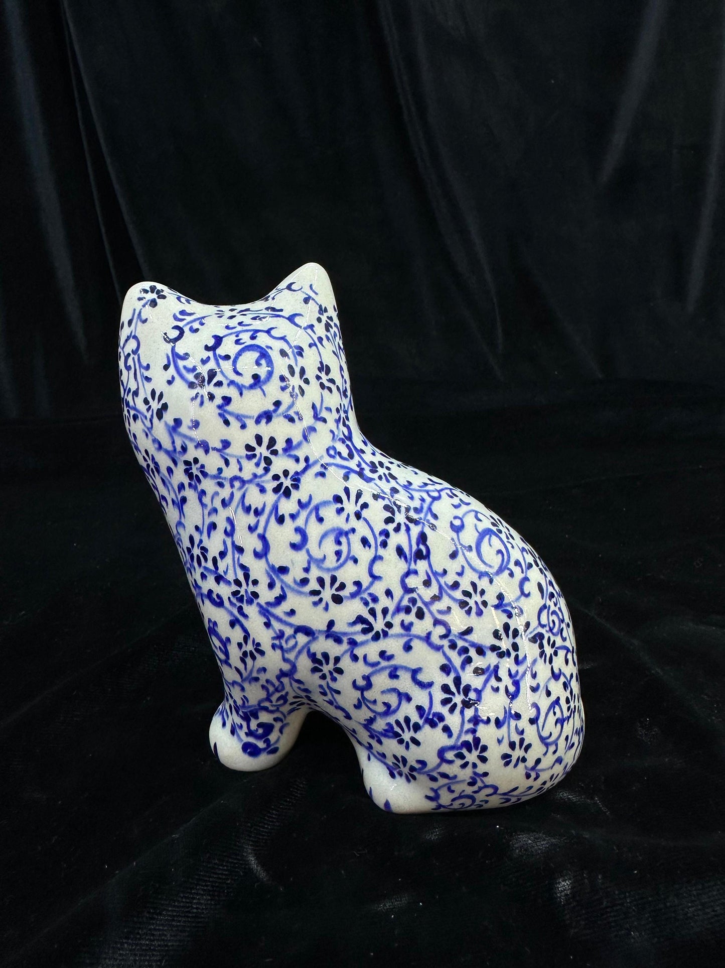 Hand-Painted Ceramic Cat Figurine – Turkish Blue Floral Ornament for Home Decor, Unique Valentine's Day Gift Idea for Cat Lovers