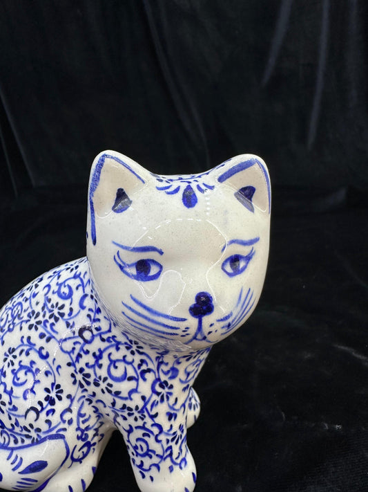 Hand-Painted Ceramic Cat Figurine – Turkish Blue Floral Ornament for Home Decor, Unique Valentine's Day Gift Idea for Cat Lovers