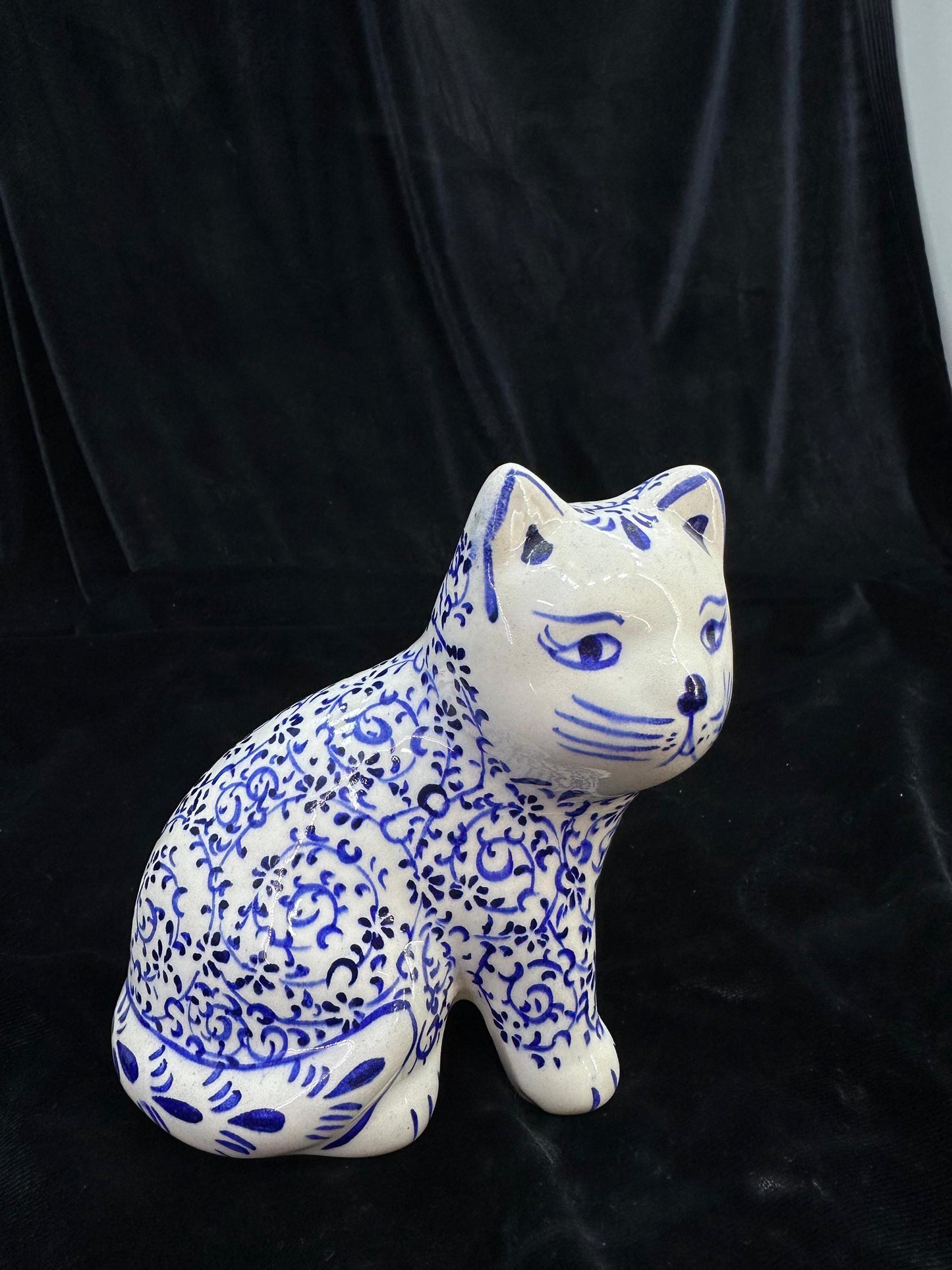 Hand-Painted Ceramic Cat Figurine – Turkish Blue Floral Ornament for Home Decor, Unique Valentine's Day Gift Idea for Cat Lovers