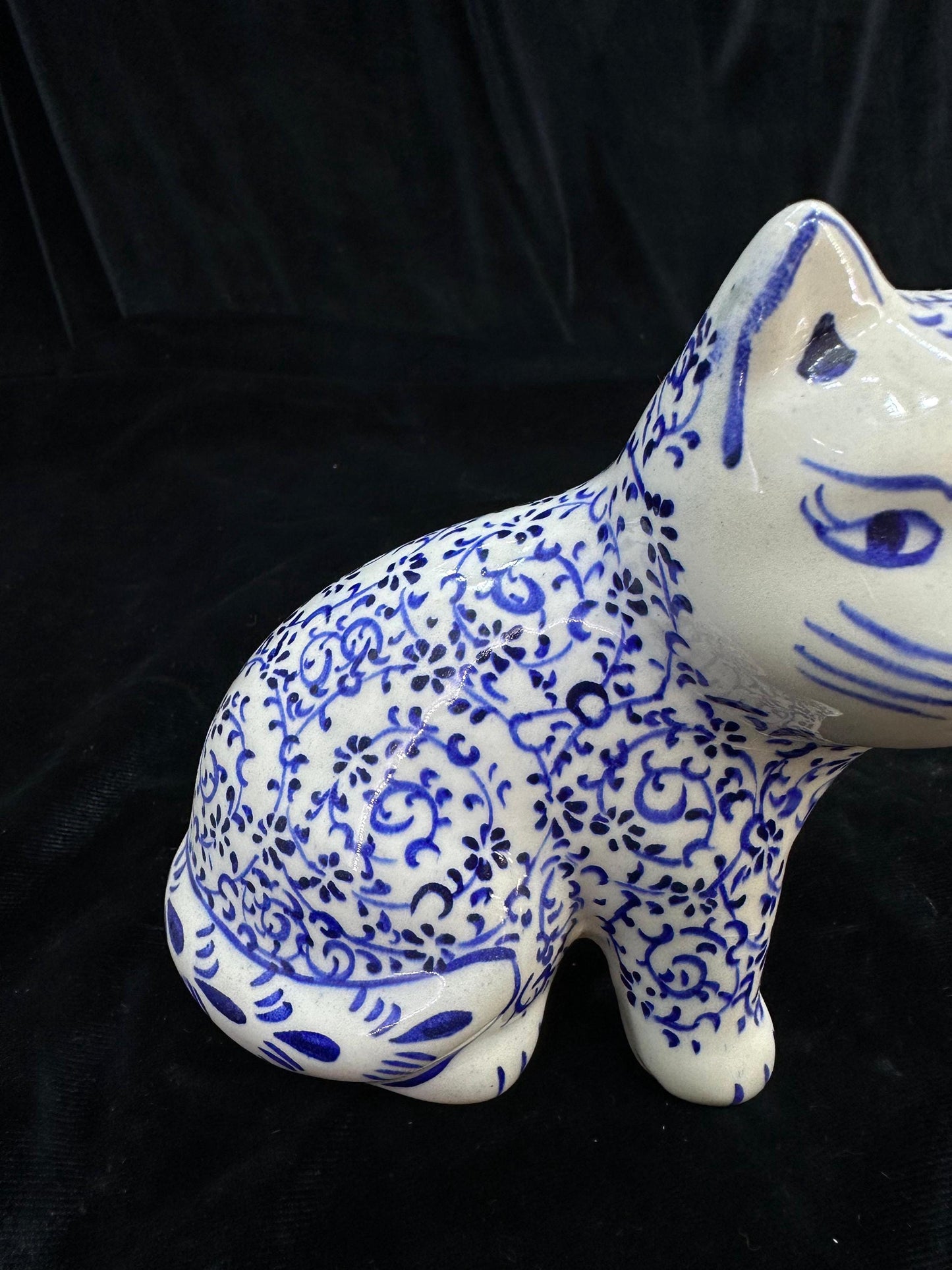 Hand-Painted Ceramic Cat Figurine – Turkish Blue Floral Ornament for Home Decor, Unique Valentine's Day Gift Idea for Cat Lovers