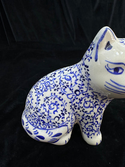 Hand-Painted Ceramic Cat Figurine – Turkish Blue Floral Ornament for Home Decor, Unique Valentine's Day Gift Idea for Cat Lovers