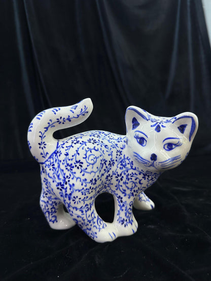Hand-Painted Ceramic Cat Figurine with Turkish Blue Floral Design – Unique Valentine's Day Gift for Cat Lovers, Home Decor Ornament