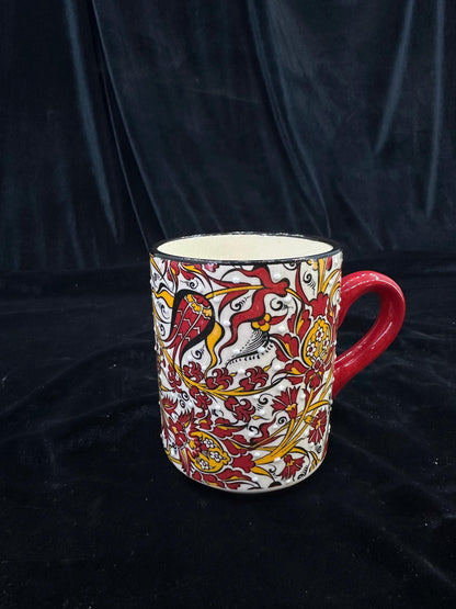 Hand-Painted Turkish Ceramic Mug – Red Floral Design, Unique Coffee or Tea Cup, Perfect Gift for Art Lovers