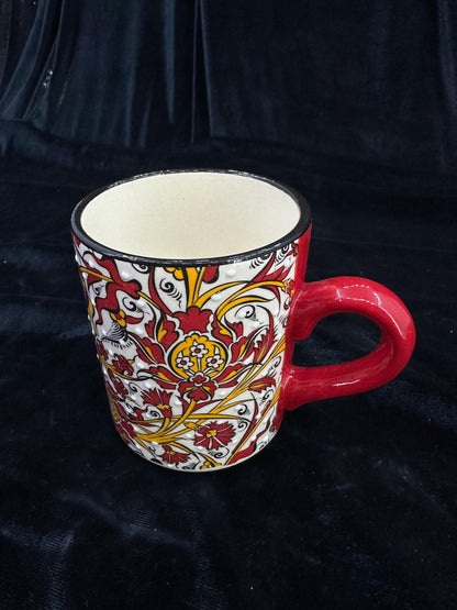 Hand-Painted Turkish Ceramic Mug – Red Floral Design, Unique Coffee or Tea Cup, Perfect Gift for Art Lovers