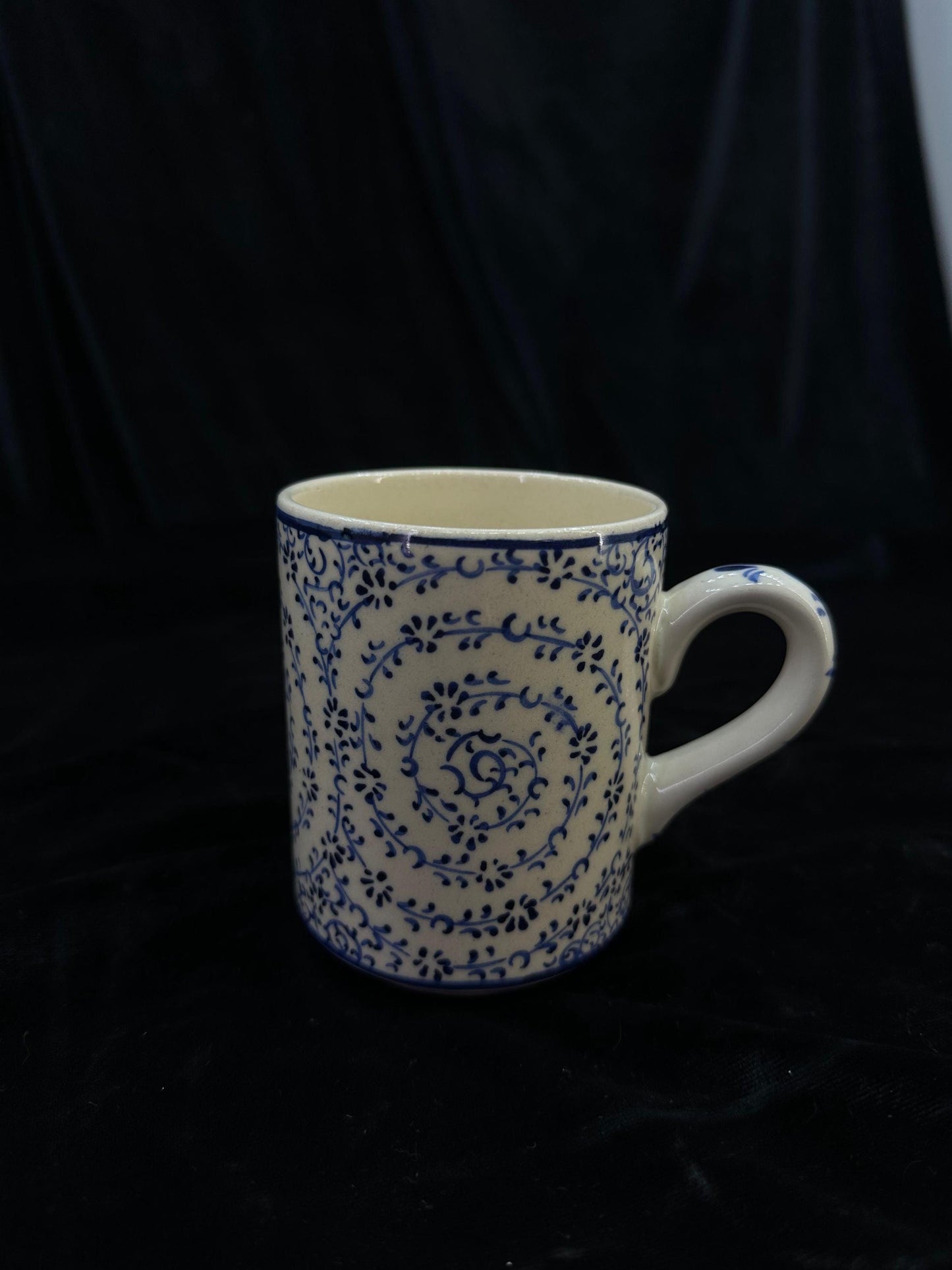 Hand-Painted Turkish Ceramic Mug – Blue Floral Spiral Design, Unique Coffee or Tea Cup, Perfect Gift for Art and Tea Lovers