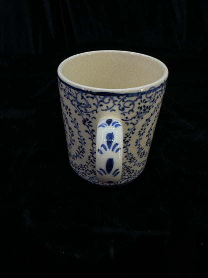 Hand-Painted Turkish Ceramic Mug – Blue Floral Spiral Design, Unique Coffee or Tea Cup, Perfect Gift for Art and Tea Lovers