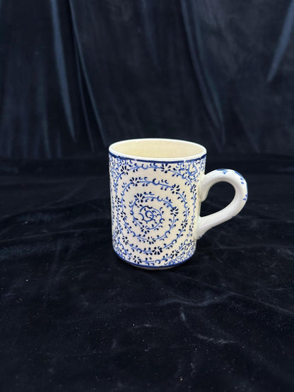 Hand-Painted Turkish Ceramic Mug – Blue Floral Spiral Design, Unique Coffee or Tea Cup, Perfect Gift for Art and Tea Lovers
