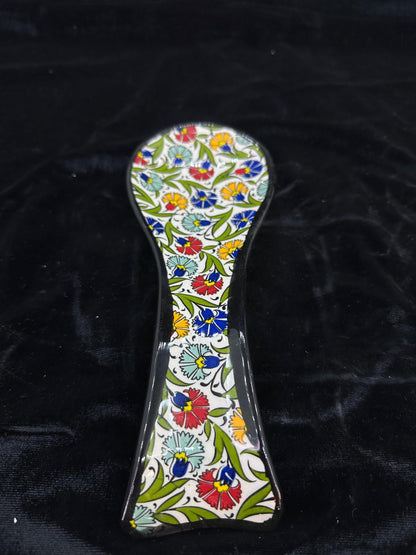 Hand-Painted Turkish Ceramic Spoon Rest – Colorful Floral Design, Unique Kitchen Accessory, Artisan Gift, 1 Piece