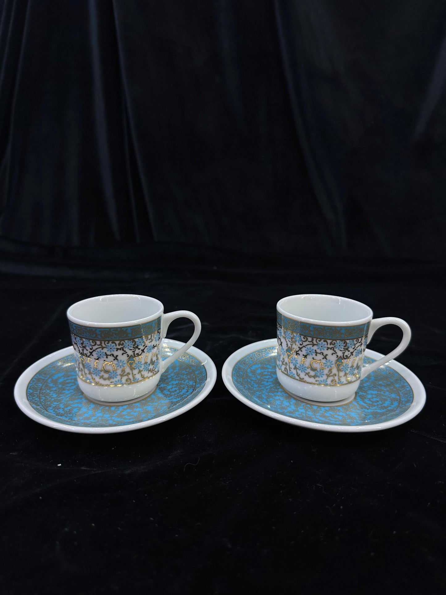 porcelain coffee set, gold coffee cup, turkish espresso cup, luxury coffee gift, handmade cup set, blue floral decor