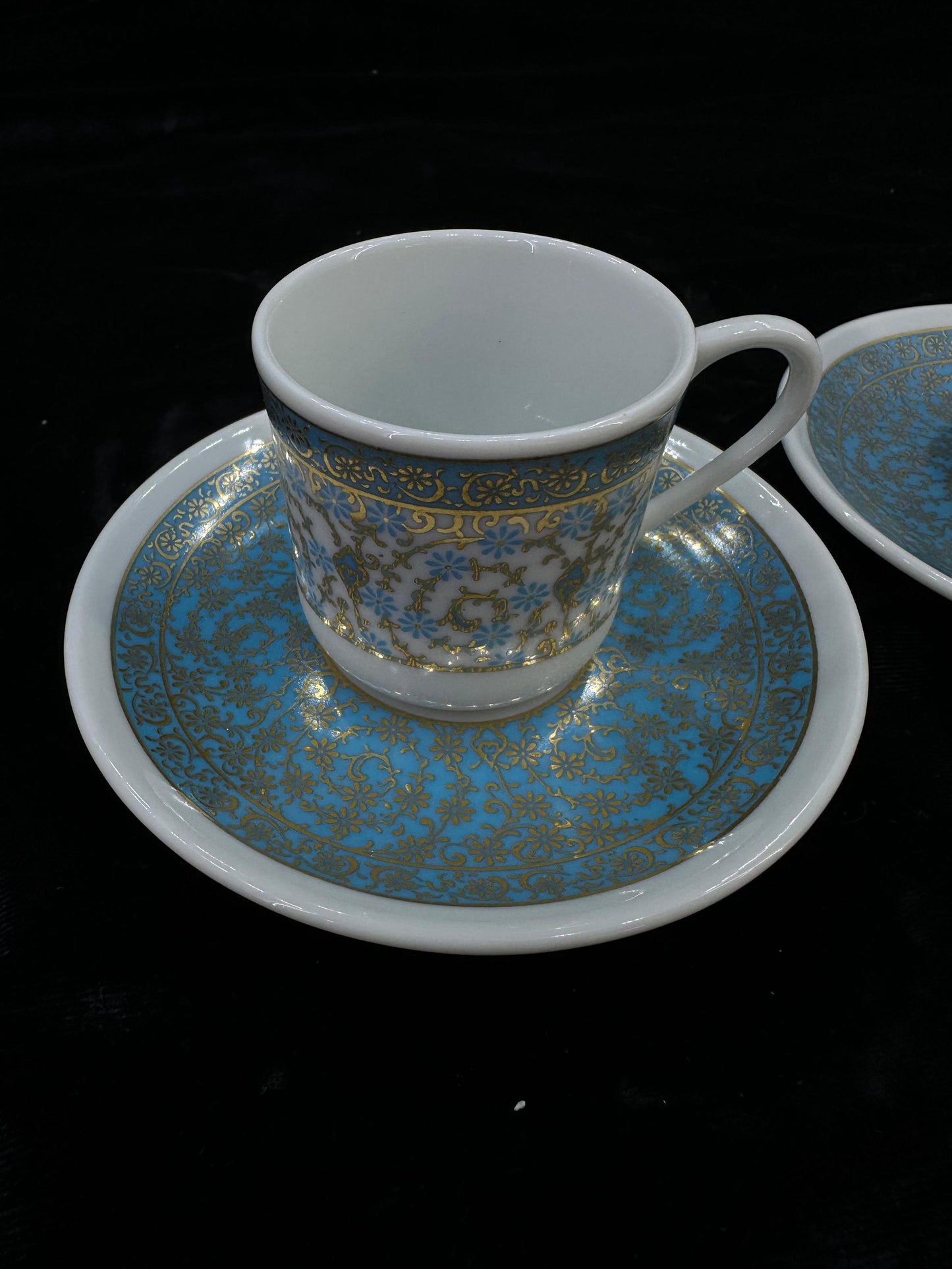 porcelain coffee set, gold coffee cup, turkish espresso cup, luxury coffee gift, handmade cup set, blue floral decor