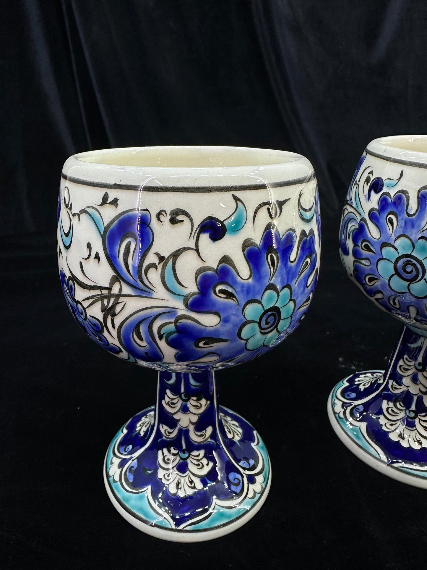 Handmade Ceramic Goblet Set of 2 - Traditional Turkish Design - Decorative Blue and White Chalices - Unique Gift for Wine Lovers