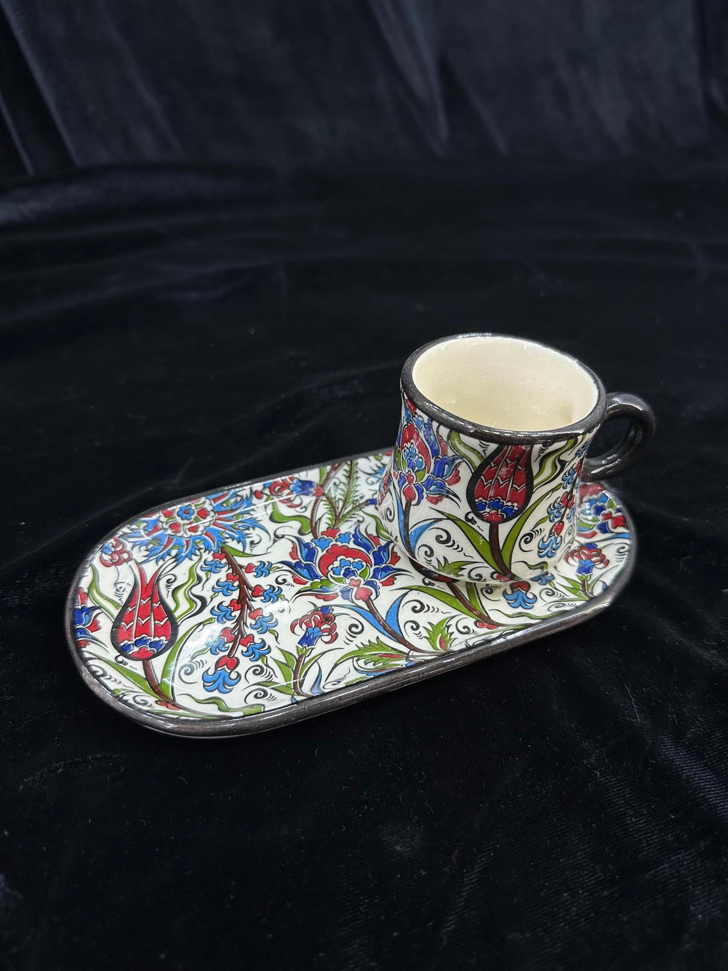 Handmade Turkish Coffee Cup Set with Tray | Ottoman Floral Ceramic Espresso Cup | Unique Gift for Coffee Lovers
