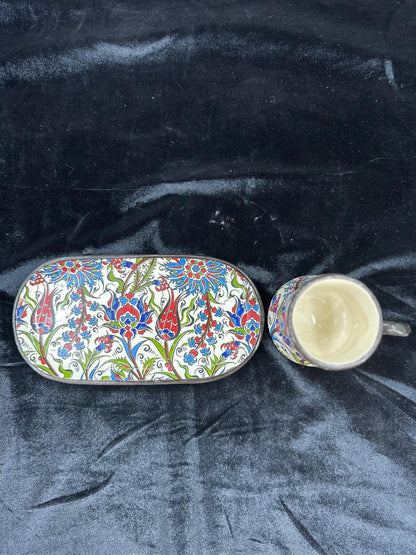 Handmade Turkish Coffee Cup Set with Tray | Ottoman Floral Ceramic Espresso Cup | Unique Gift for Coffee Lovers