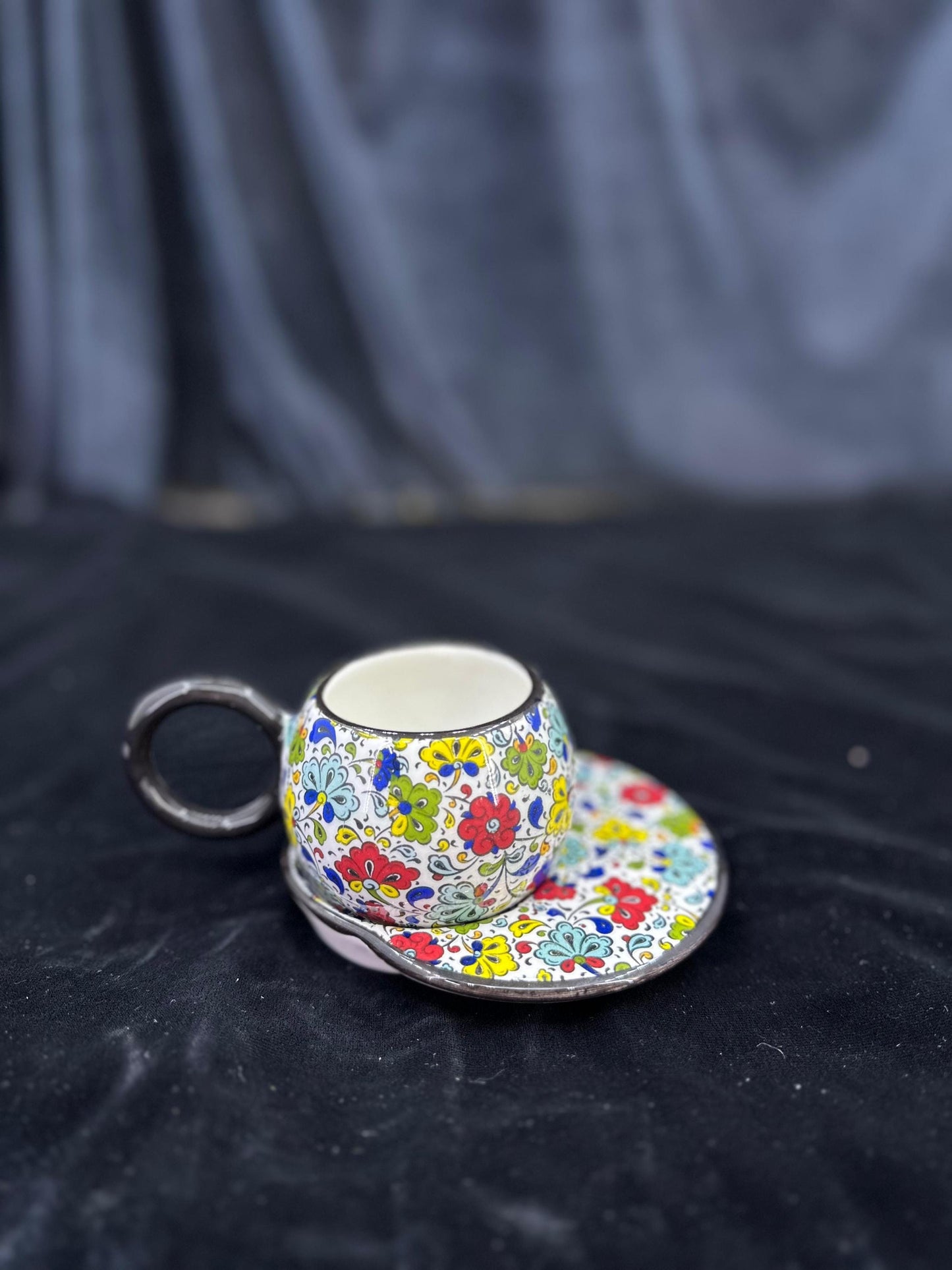 coffee cup, ceramic espresso set, hand painted, floral design, gift for her