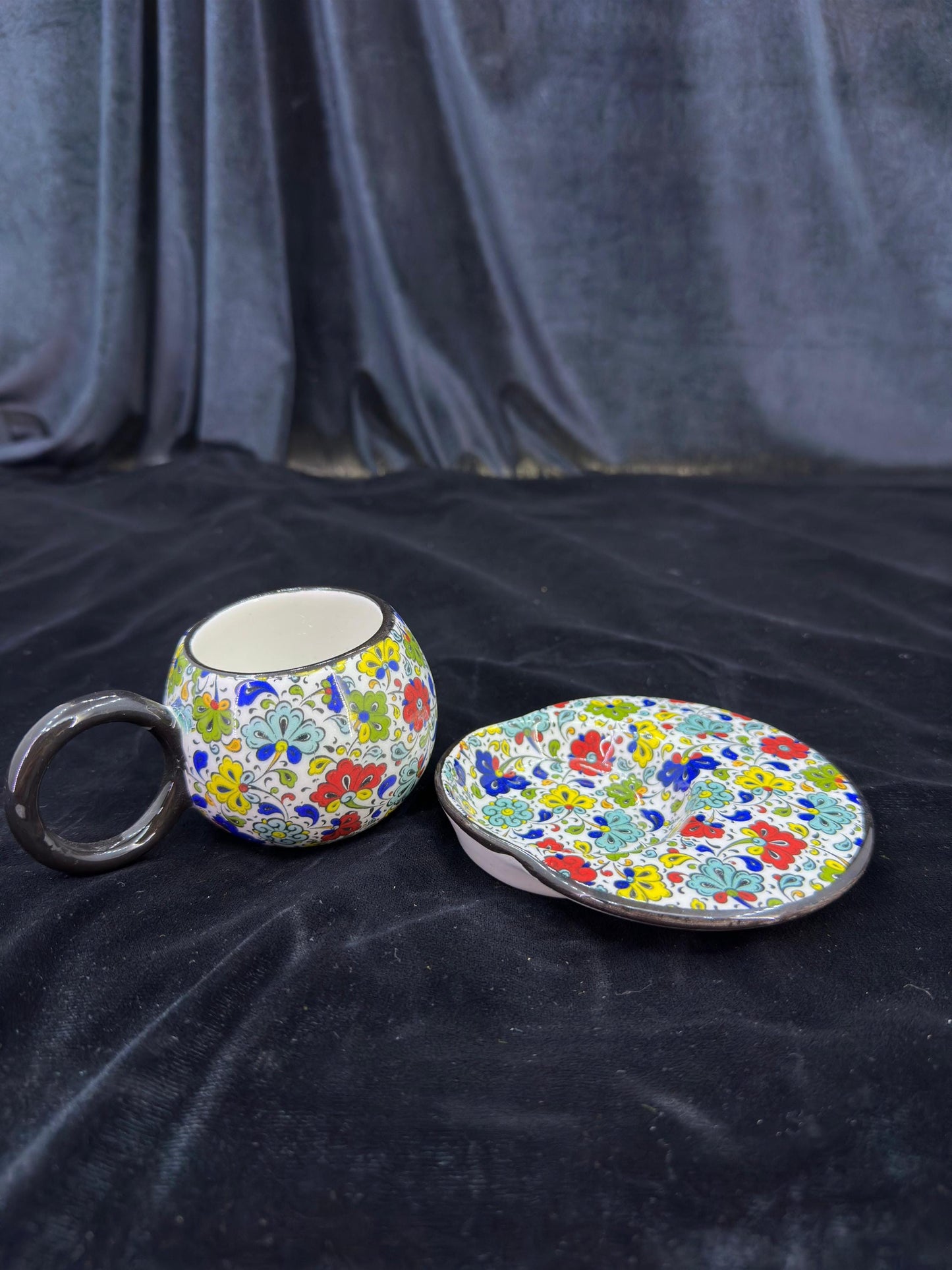 coffee cup, ceramic espresso set, hand painted, floral design, gift for her