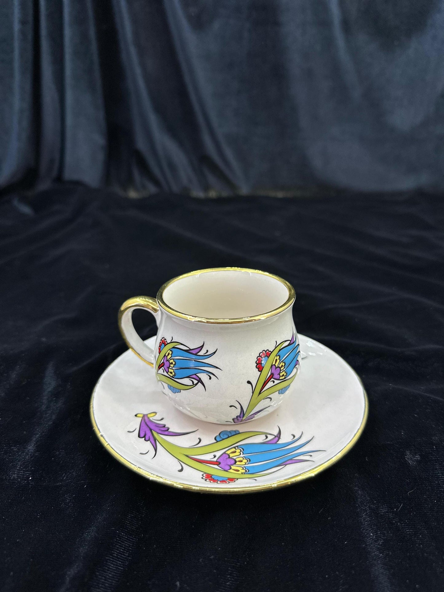 Hand-Painted Turkish Coffee Cup Set, Gold Trim, Floral Design, Ceramic, Gift for Coffee Lovers