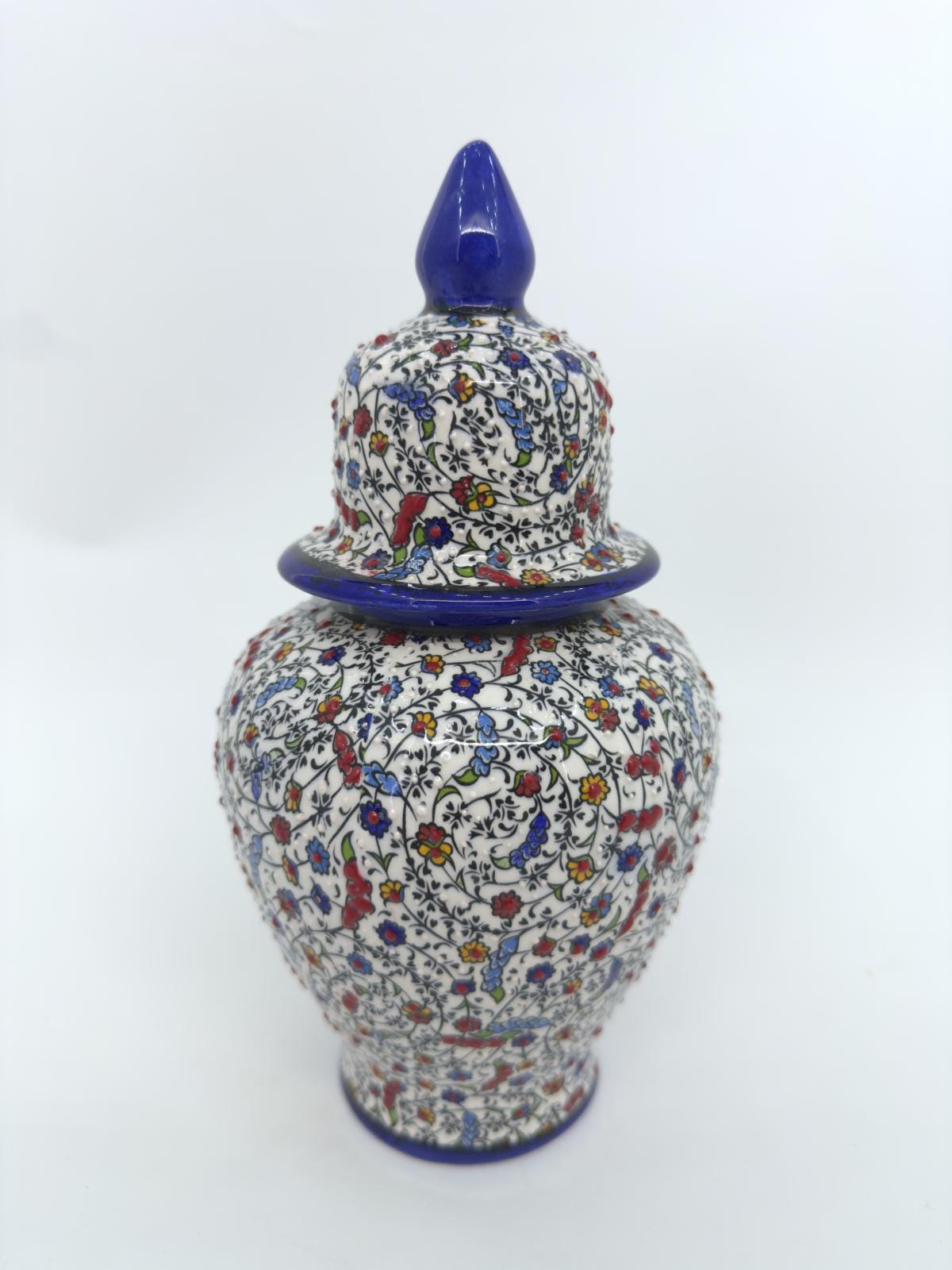 handcrafted ceramic jar,ottoman vase with lid,turkish pottery jar,floral embossed jar,decorative storage jar,artisan ceramic vase,gift idea