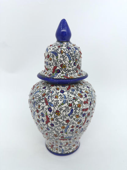 handcrafted ceramic jar,ottoman vase with lid,turkish pottery jar,floral embossed jar,decorative storage jar,artisan ceramic vase,gift idea